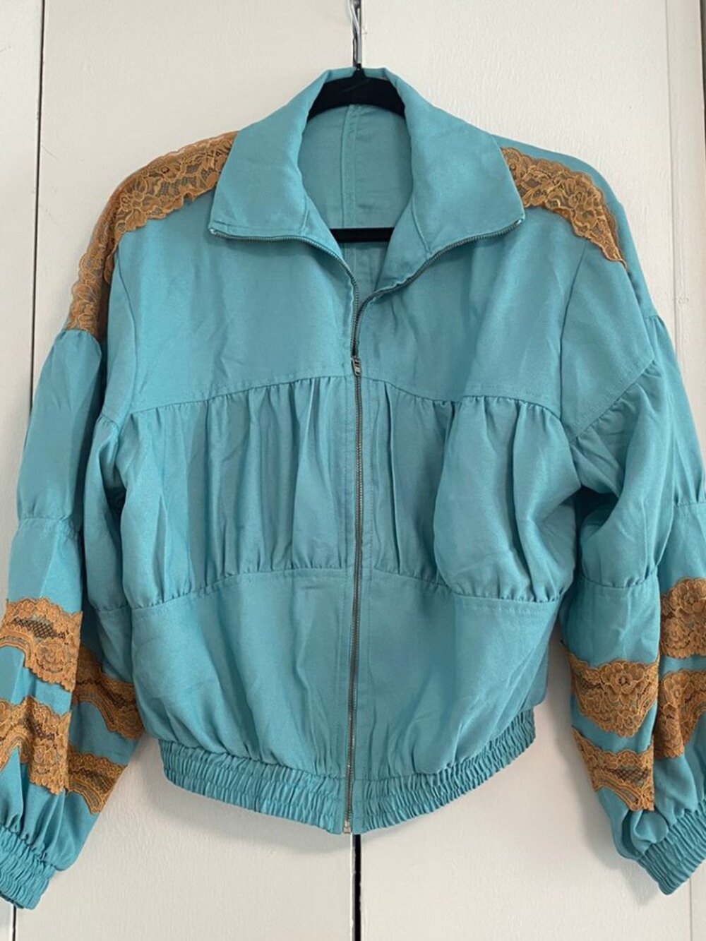 Teal Lace-Trim Zip Jacket (Balloon Sleeve)